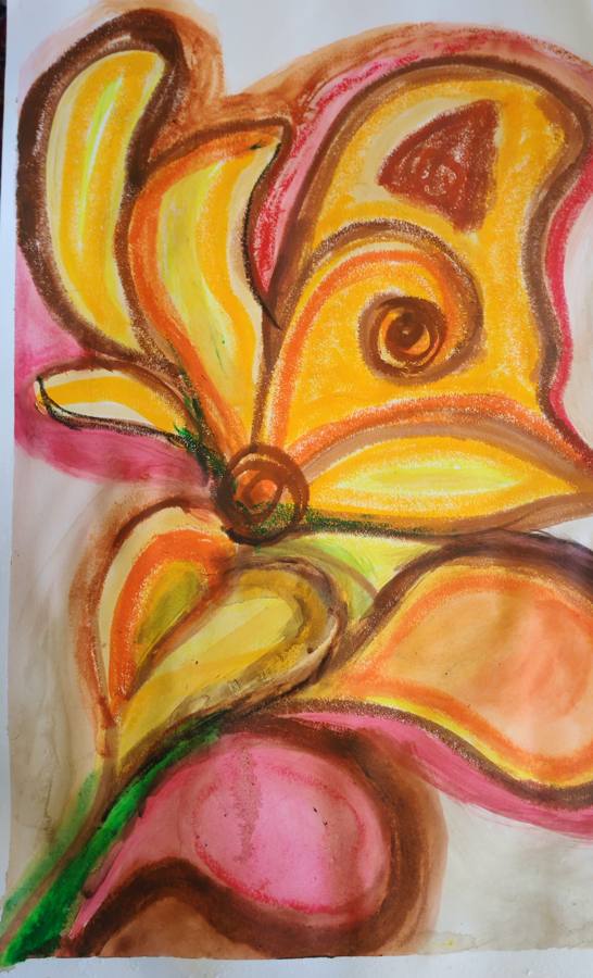 Bold pastel and paint drawing of a yellow and pink flower